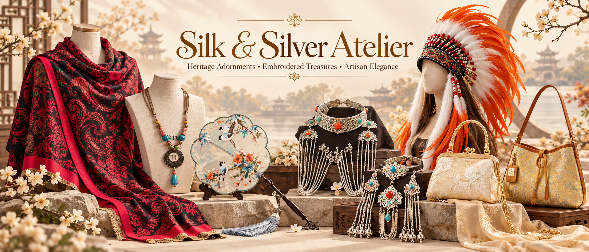 Silk & Silver Atelier: shawls, embroidered fans, silver adornments, and brocade bags