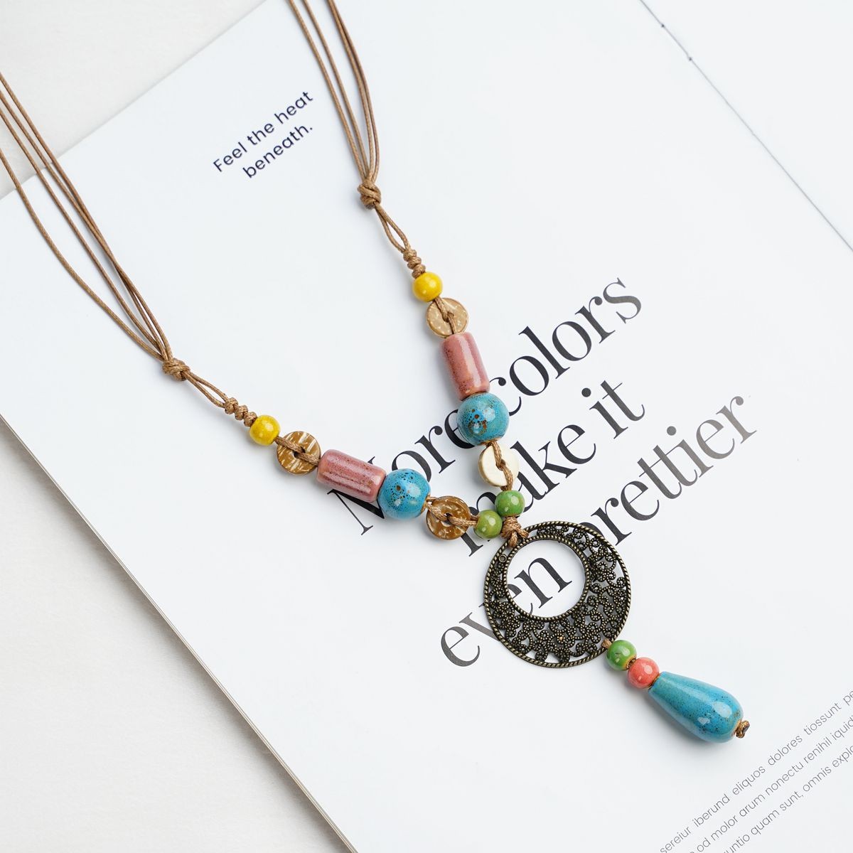 Long Ceramic Pendant Necklace-Blue Raindrop