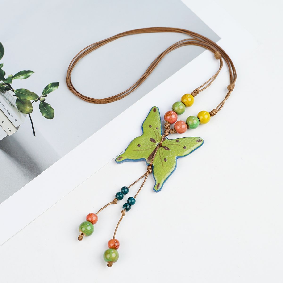 Long Ceramic Pendant Necklace-Butterfly Dream