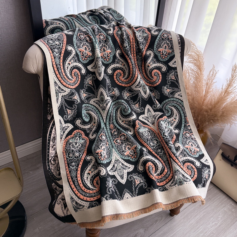 Double-Sided Printed Faux Cashmere Shawl - Black - Style B - Signature Gift Edition