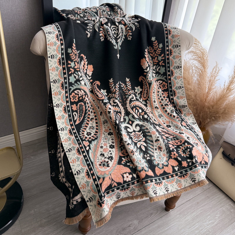 Double-Sided Printed Faux Cashmere Shawl - Black - Style D - Signature Gift Edition