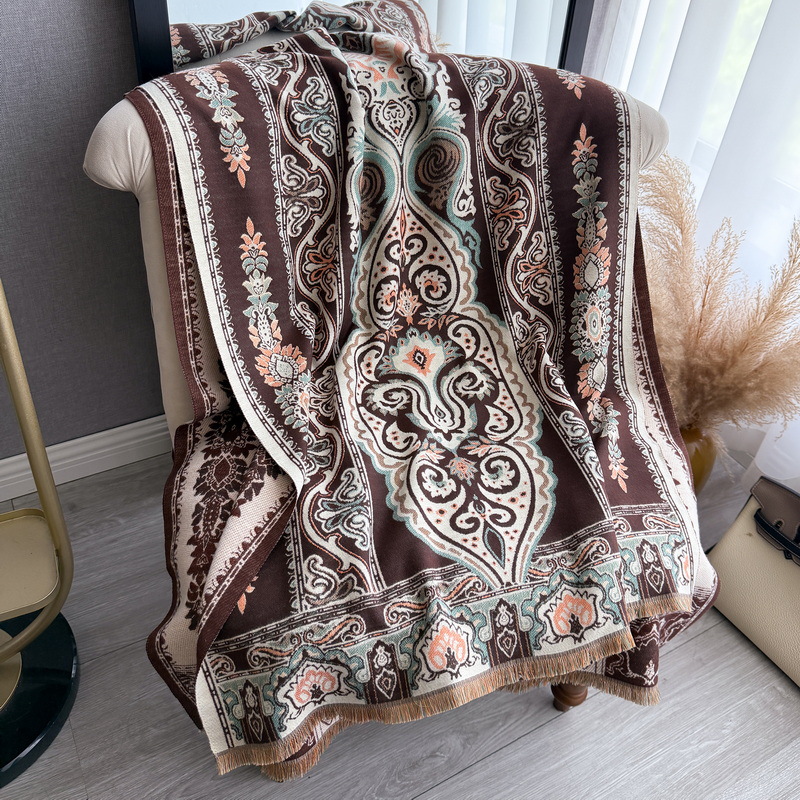 Double-Sided Printed Faux Cashmere Shawl - Coffee Brown - Style A - Signature Gift Edition