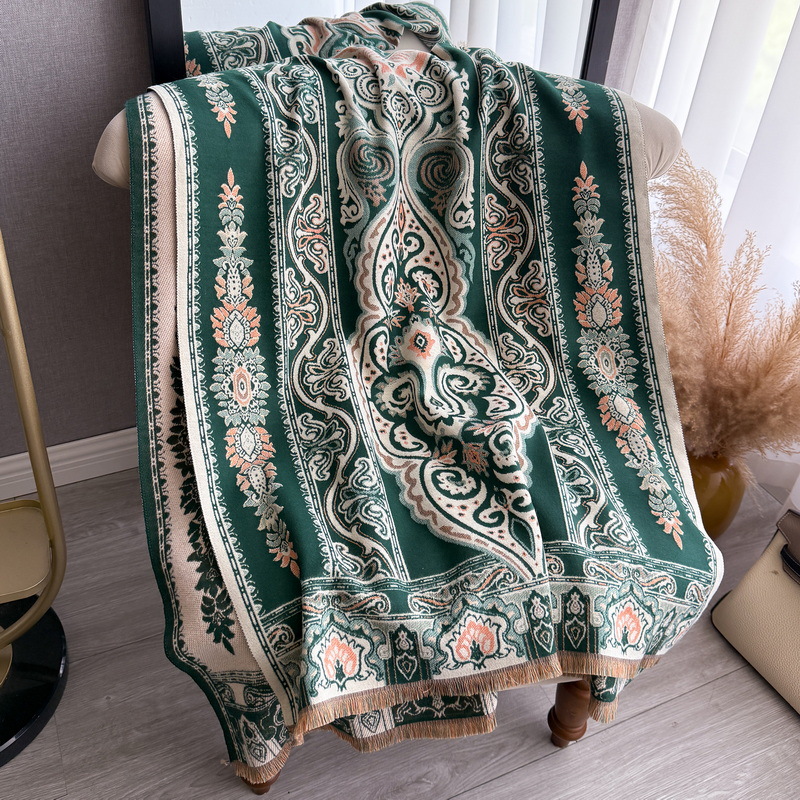 Double-Sided Printed Faux Cashmere Shawl - Dark Green - Style A - Signature Gift Edition