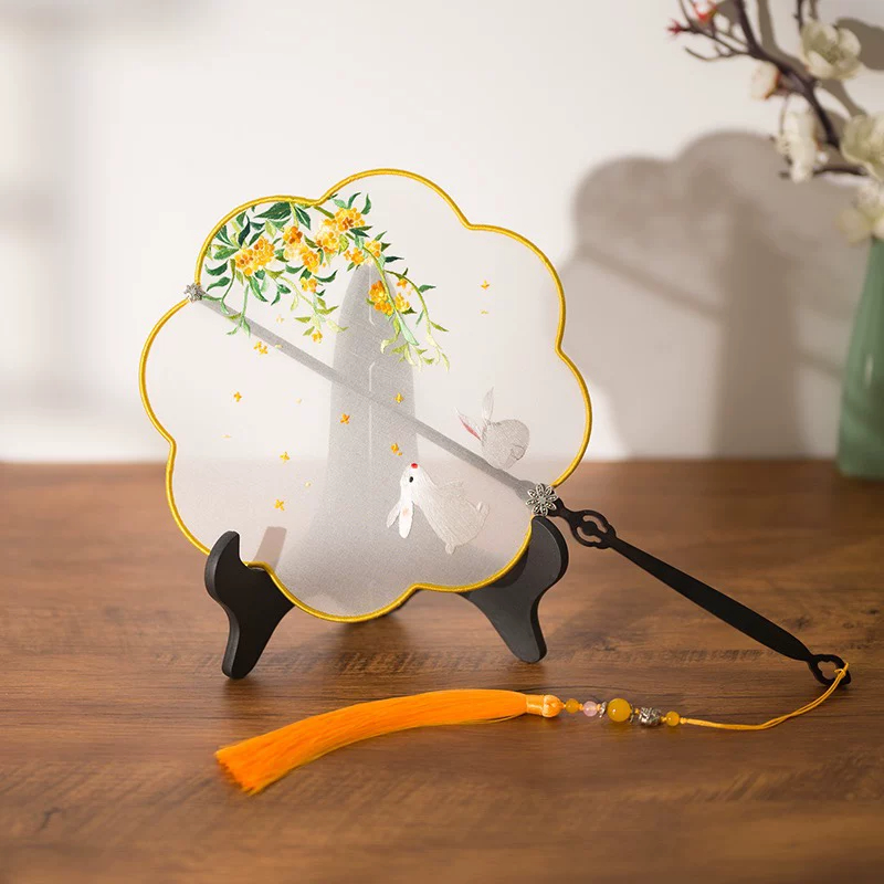 Handmade Suzhou Embroidered Silk-Wrapped Round Fan-Bright Yellow - Signature Gift Edition
