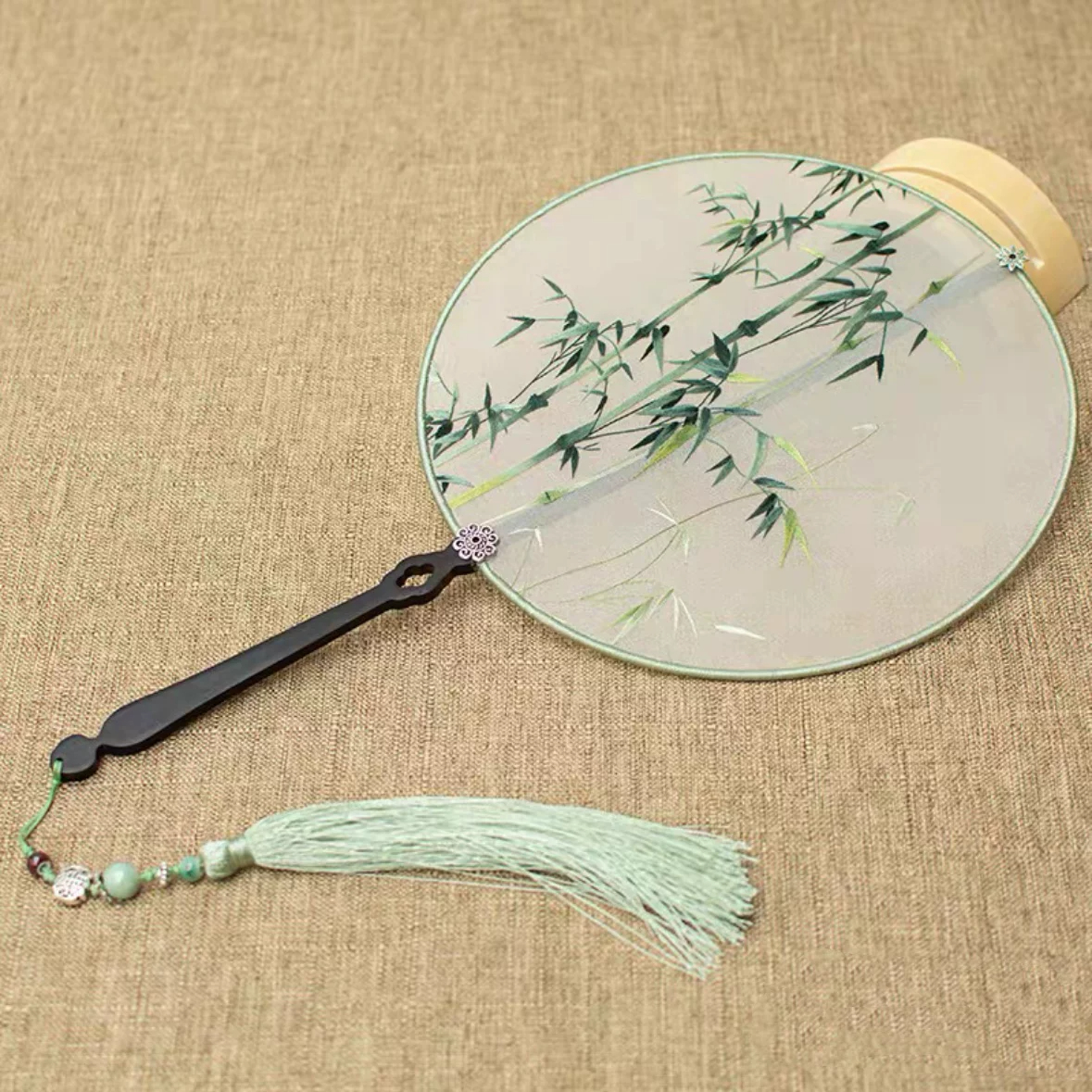 Handmade Suzhou Embroidered Silk-Wrapped Round Fan-Dark Green - Signature Gift Edition