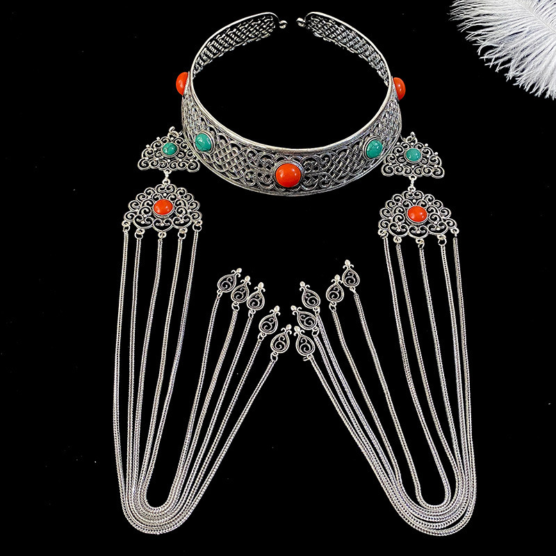 Handmade Pure Silver Ethnic Headpiece-Five Gemstones-Orange and Green - Ribbon Gift Set + Maintenance Tools
