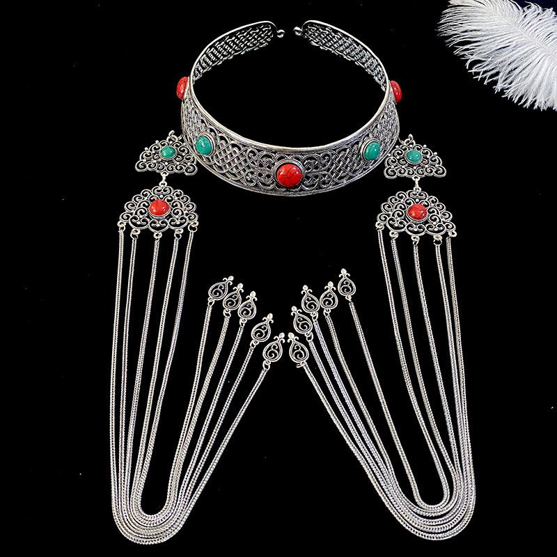 Handmade Pure Silver Ethnic Headpiece-Five Gemstones-Red and Blue-Gift Box Set (Includes Professional Cleaning Tools) - Ribbon Gift Set + Maintenance Tools