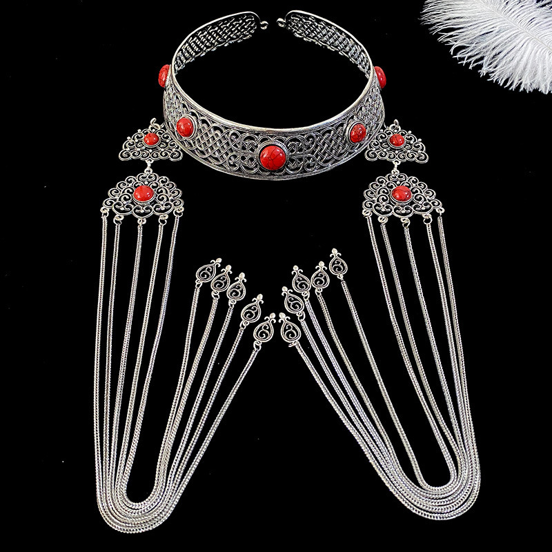 Handmade Pure Silver Ethnic Headpiece-Five Gemstones-Red-Gift Box Set (Includes Professional Cleaning Tools) - Ribbon Gift Set + Maintenance Tools