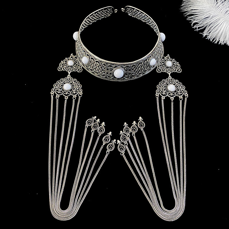 Handmade Pure Silver Ethnic Headpiece-Five Gemstones-White - Ribbon Gift Set + Maintenance Tools