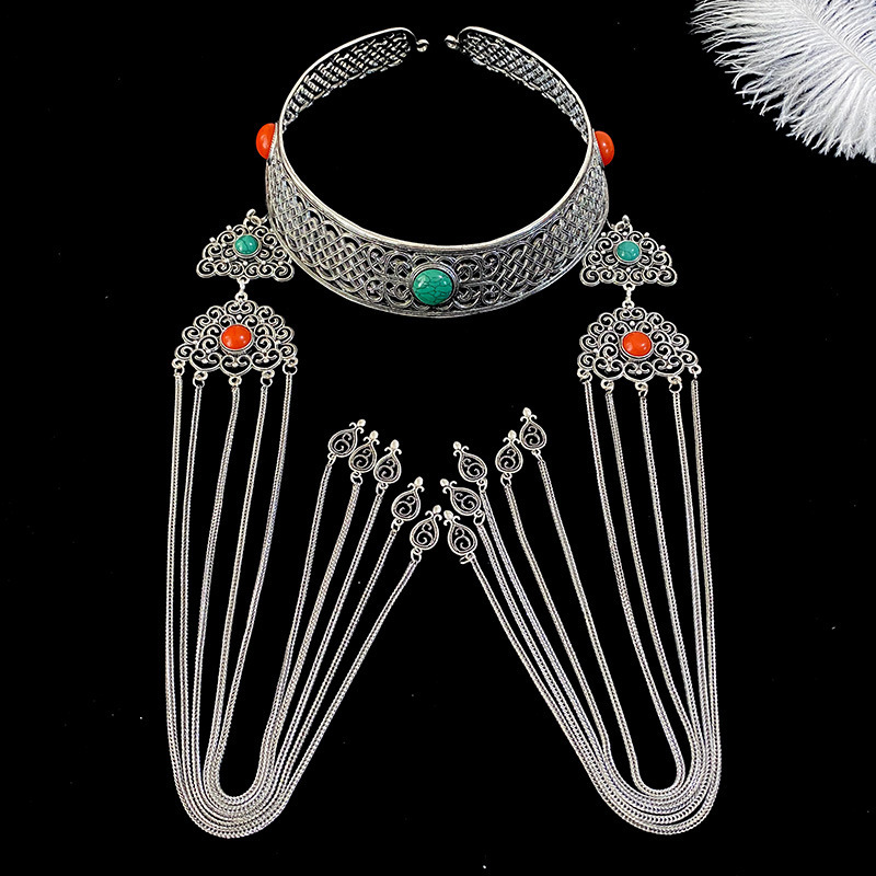 Handmade Pure Silver Ethnic Headpiece-Three Gemstones-Green and Orange-Gift Box Set (Includes Professional Cleaning Tools) - Ribbon Gift Set + Maintenance Tools