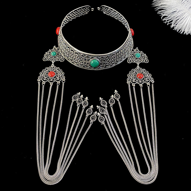 Handmade Pure Silver Ethnic Headpiece-Three Gemstones-Green and Red-Gift Box Set (Includes Professional Cleaning Tools) - Ribbon Gift Set + Maintenance Tools