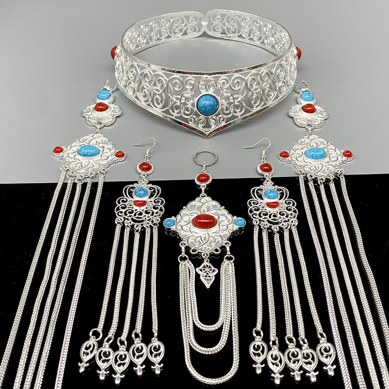 Traditional Chinese Ethnic-Style Pure Silver Tassel Headdress Set-Blue and Red-Style 2 - Ribbon Gift Set + Maintenance Tools