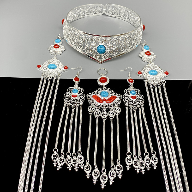 Traditional Chinese Ethnic-Style Pure Silver Tassel Headdress Set-Blue and Red-Style 4 - Ribbon Gift Set + Maintenance Tools