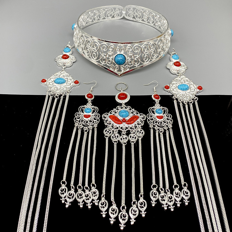 Traditional Chinese Ethnic-Style Pure Silver Tassel Headdress Set-Blue-Style 4 - Ribbon Gift Set + Maintenance Tools
