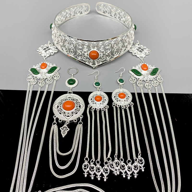 Traditional Chinese Ethnic-Style Pure Silver Tassel Headdress Set-Orange and Green-Style 3 - Ribbon Gift Set + Maintenance Tools