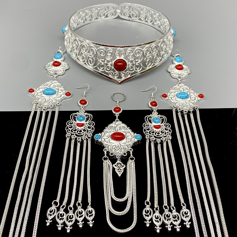 Traditional Chinese Ethnic-Style Pure Silver Tassel Headdress Set-Red and Blue-Style 2 - Ribbon Gift Set + Maintenance Tools