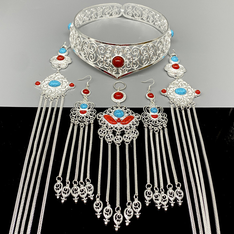 Traditional Chinese Ethnic-Style Pure Silver Tassel Headdress Set-Red and Blue-Style 4 - Ribbon Gift Set + Maintenance Tools