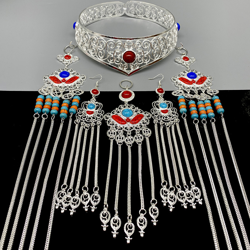 Traditional Chinese Ethnic-Style Pure Silver Tassel Headdress Set-Red and Royal Blue-Style 1 - Ribbon Gift Set + Maintenance Tools