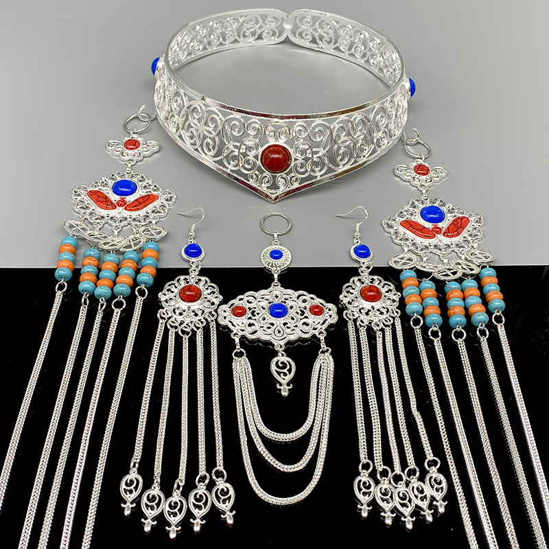 Traditional Chinese Ethnic-Style Pure Silver Tassel Headdress Set-Red and Royal Blue-Style 3 - Ribbon Gift Set + Maintenance Tools