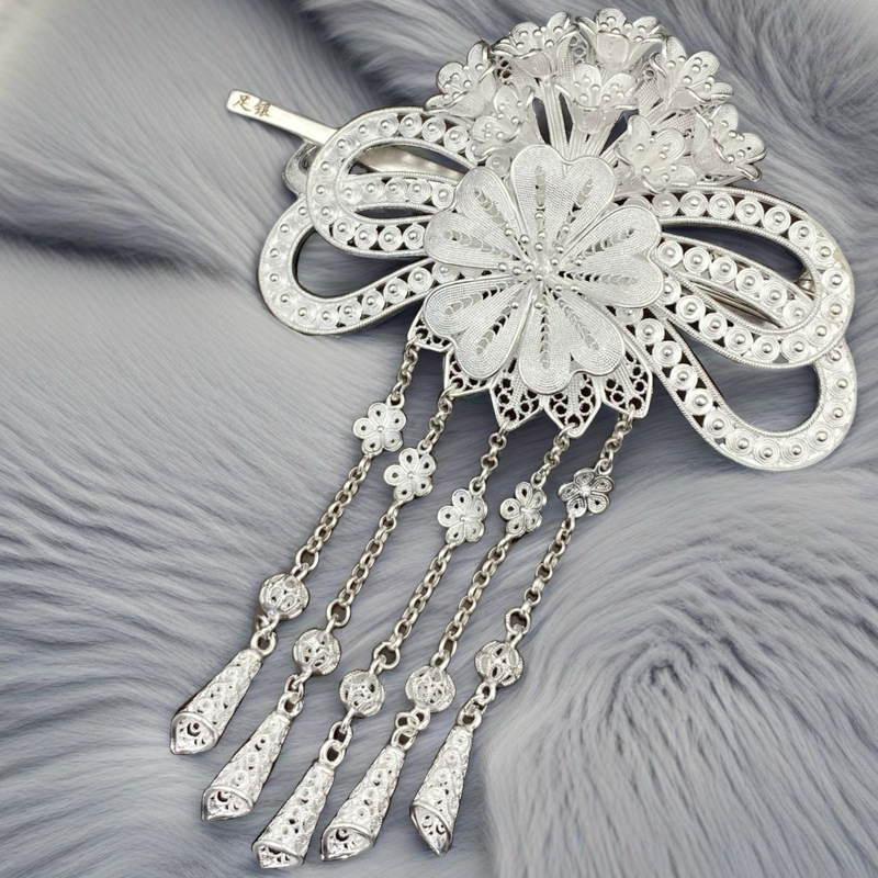 Traditional Chinese Floral Tassel Filigree Updo Hair Clip