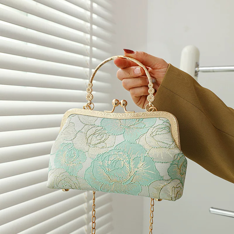 Imperial Heritage Song Brocade Embroidered Statement Bag-Minimalist Gold Thread Rose-Light Green