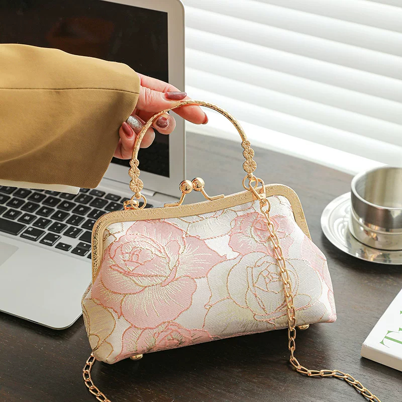 Imperial Heritage Song Brocade Embroidered Statement Bag-Minimalist Gold Thread Rose-Pink