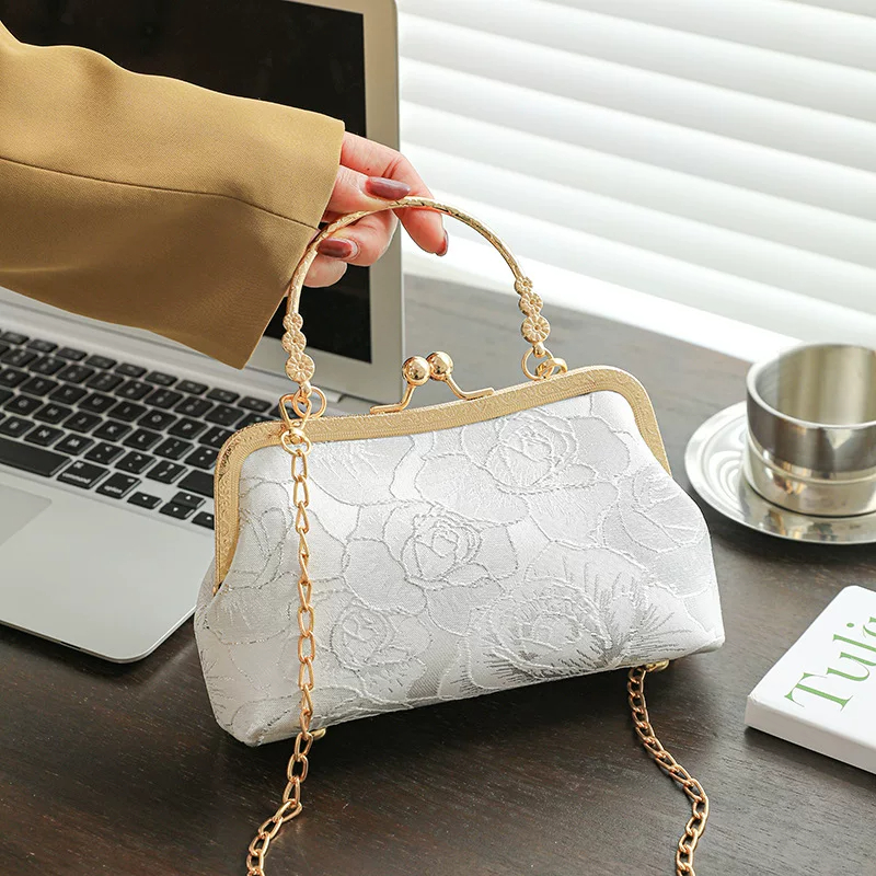 Imperial Heritage Song Brocade Embroidered Statement Bag-Minimalist Gold Thread Rose-Silver White