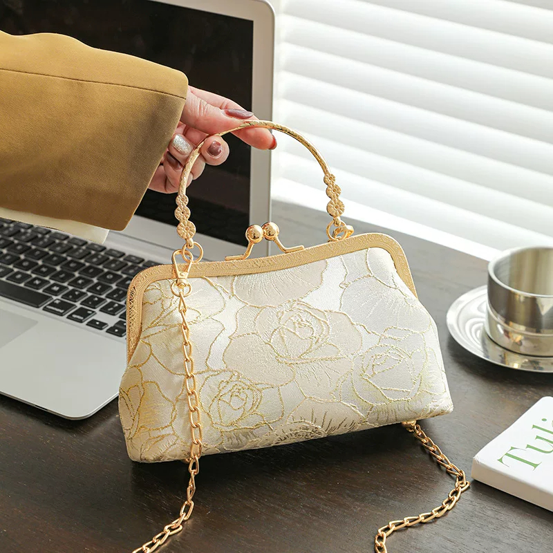 Imperial Heritage Song Brocade Embroidered Statement Bag-Minimalist Gold Thread Rose